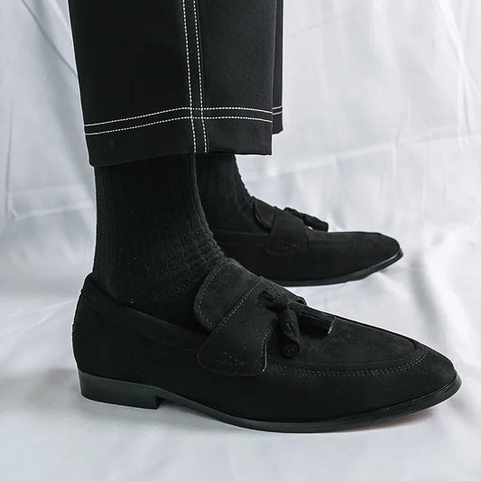 Mens Tassels Loafers Comfortable Suede Shoes Men Leather Low-Heel Wedding Moccasins British Style Non-Slip Retro Driving Shoes